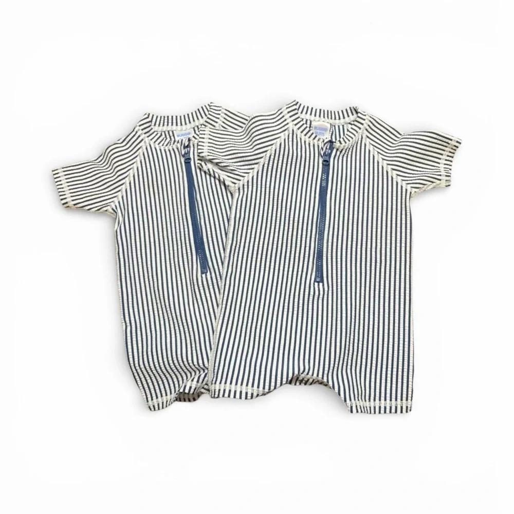 Rugged Butts Zip Front Seersucker Blue & White Striped Kids Swim Romper. 6-12mo.